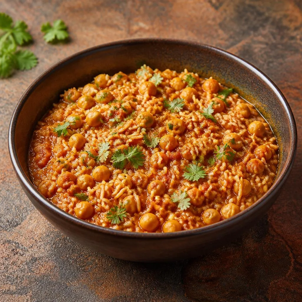 Chana masala meal in a dark bowl: basmati rice stirred through a spiced tomato and chickpea sauce, finished with fresh coriander