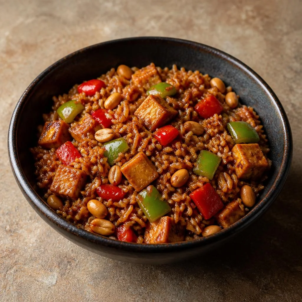 Kung Pao meal in a dark bowl: basmati rice stirred through a glossy soy-chilli sauce with golden tofu, red and green peppers and roasted peanuts