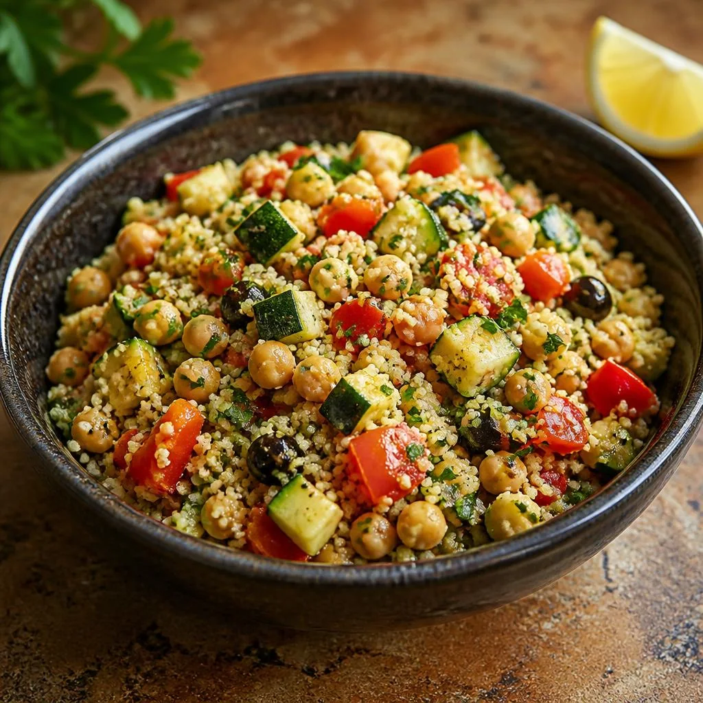 Lemon herb couscous meal in a dark bowl: couscous mixed through chickpeas, courgette, tomato, olives and parsley with a lemon dressing