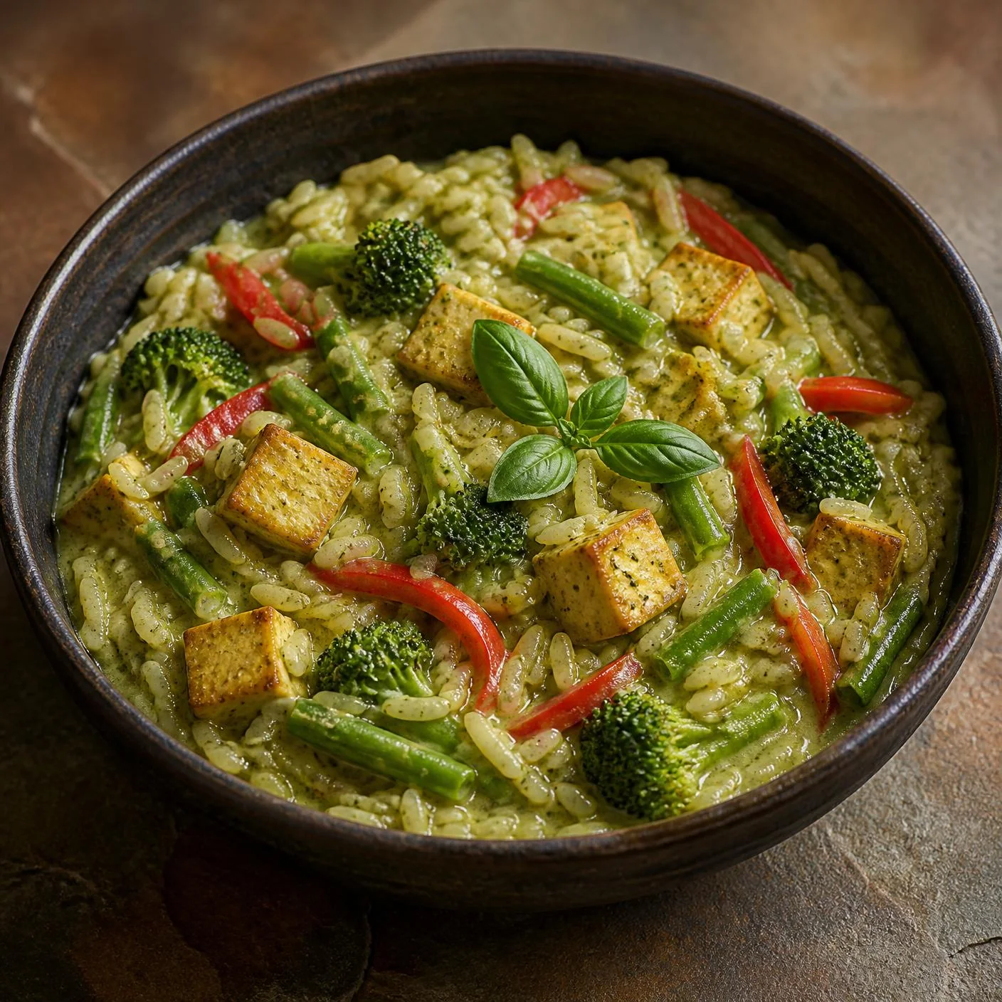 Thai green curry meal in a dark bowl: jasmine rice stirred through a moist green coconut sauce with tofu, broccoli, green beans and red pepper