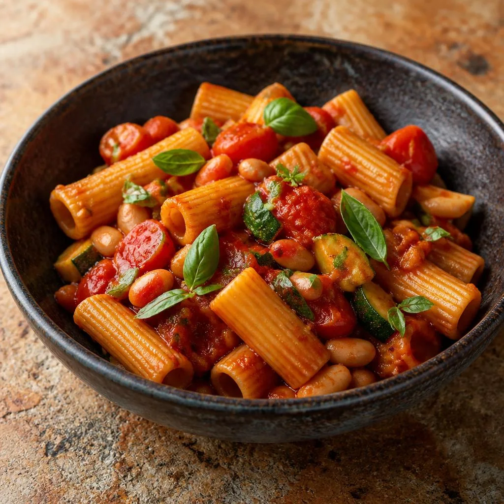 Tuscan rigatoni meal in a dark bowl: rigatoni tossed and coated in a rustic tomato sauce with cannellini beans, courgette, cherry tomato and basil