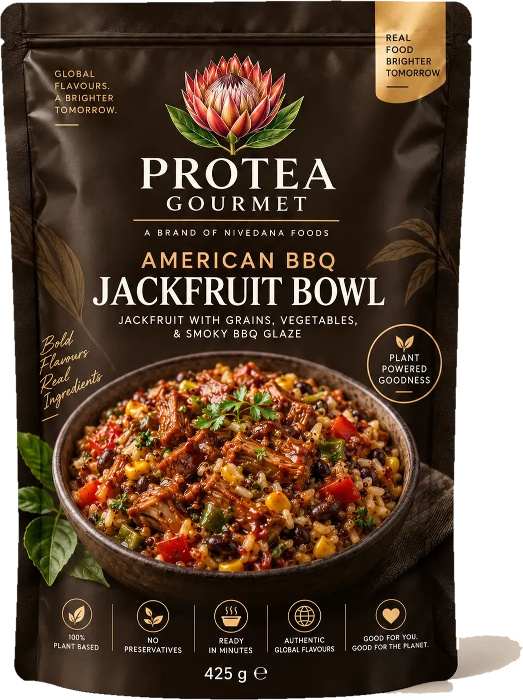 Approved 425 g Protea Gourmet American BBQ Jackfruit Bowl pouch in dark toasted brown, showing the botanical protea emblem, the printed recipe name and the prepared meal