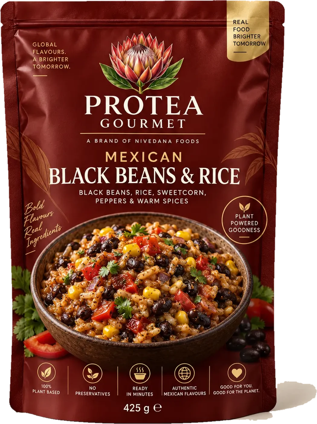 Approved 425 g Protea Gourmet Mexican Black Beans & Rice pouch in rich red, showing the botanical protea emblem, the printed recipe name and the prepared meal