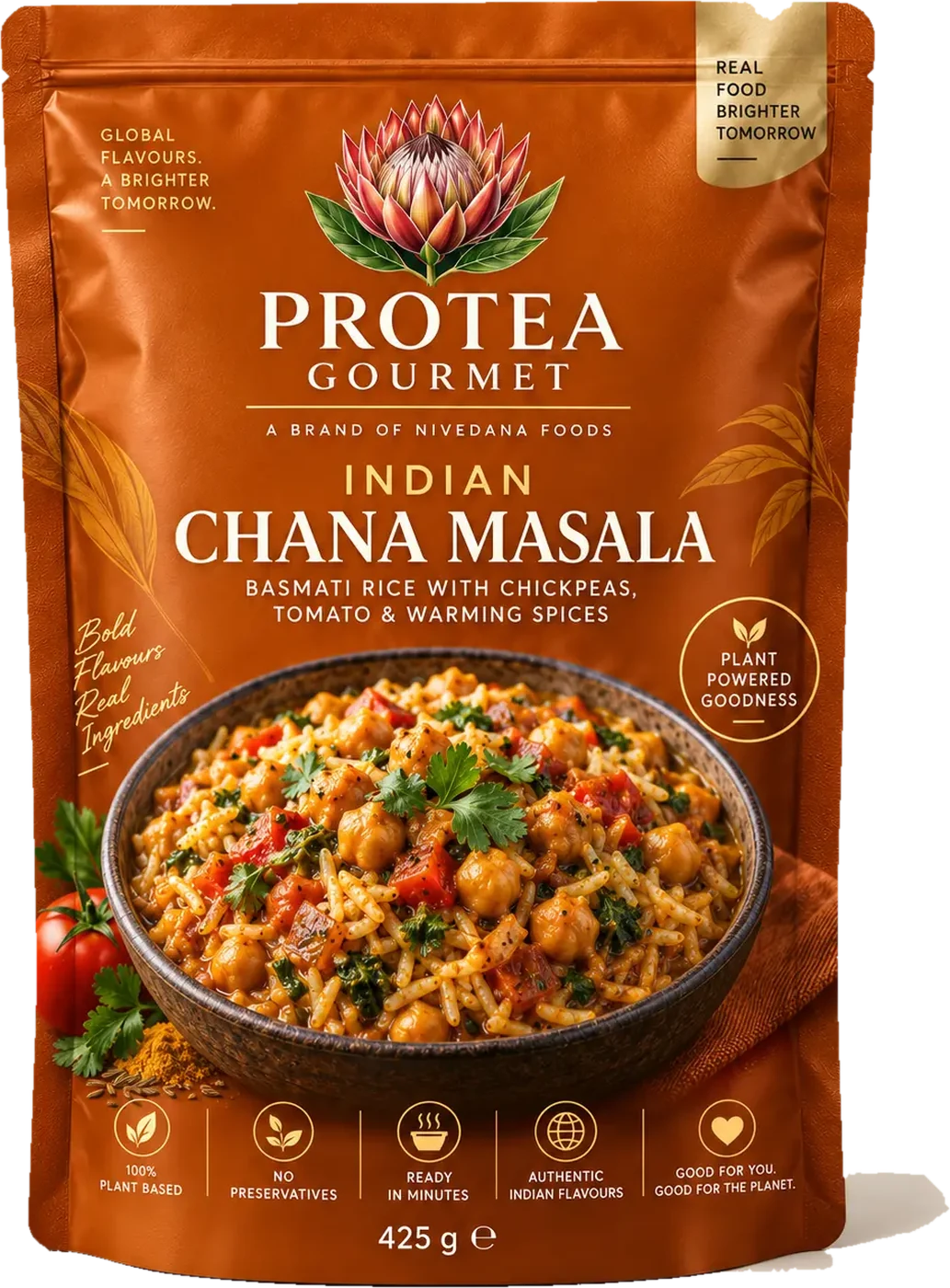 Approved 425 g Protea Gourmet Indian Chana Masala pouch in saffron orange, showing the botanical protea emblem, the printed recipe name and the prepared meal