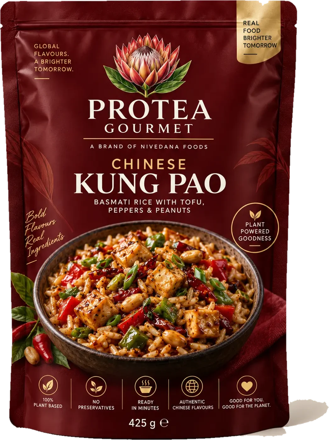 Approved 425 g Protea Gourmet Chinese Kung Pao pouch in garnet, showing the botanical protea emblem, the printed recipe name and the prepared meal