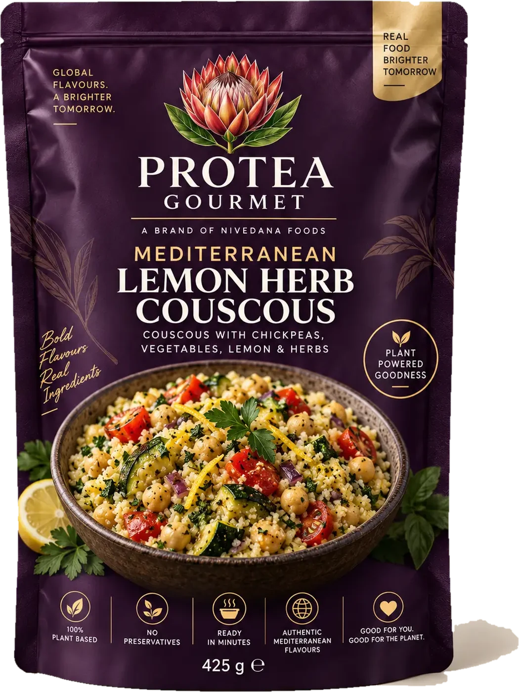Approved 425 g Protea Gourmet Mediterranean Lemon Herb Couscous pouch in aubergine, showing the botanical protea emblem, the printed recipe name and the prepared meal