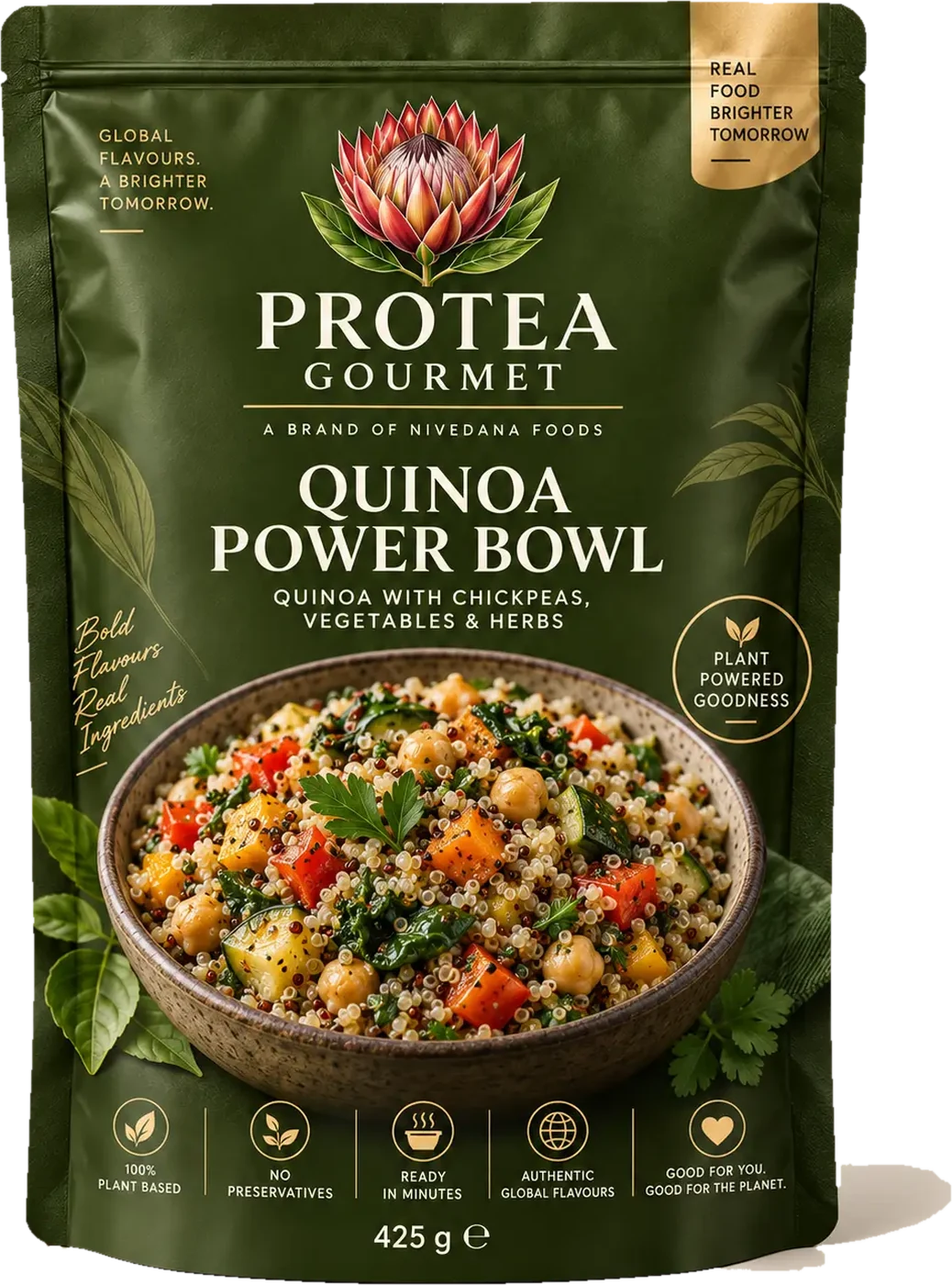 Approved 425 g Protea Gourmet Quinoa Power Bowl pouch in olive green, showing the botanical protea emblem, the printed recipe name and the prepared meal