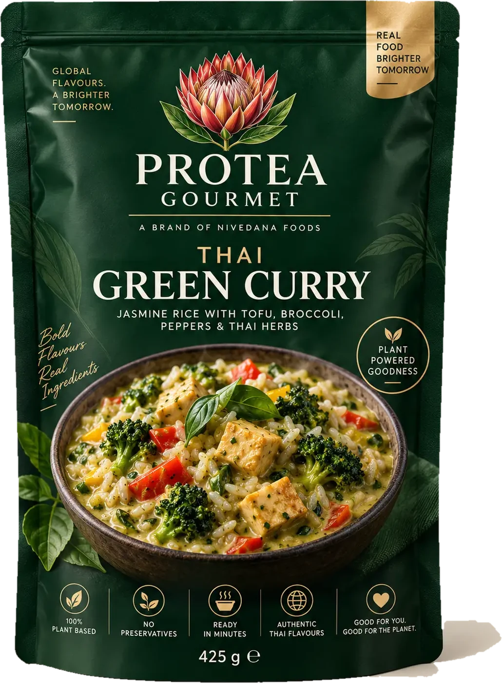 Approved 425 g Protea Gourmet Thai Green Curry pouch in deep forest green, showing the botanical protea emblem, the printed recipe name and the prepared meal