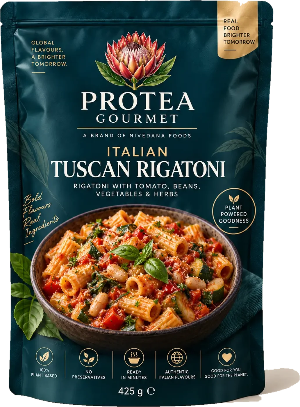 Approved 425 g Protea Gourmet Italian Tuscan Rigatoni pouch in deep teal, showing the botanical protea emblem, the printed recipe name and the prepared meal